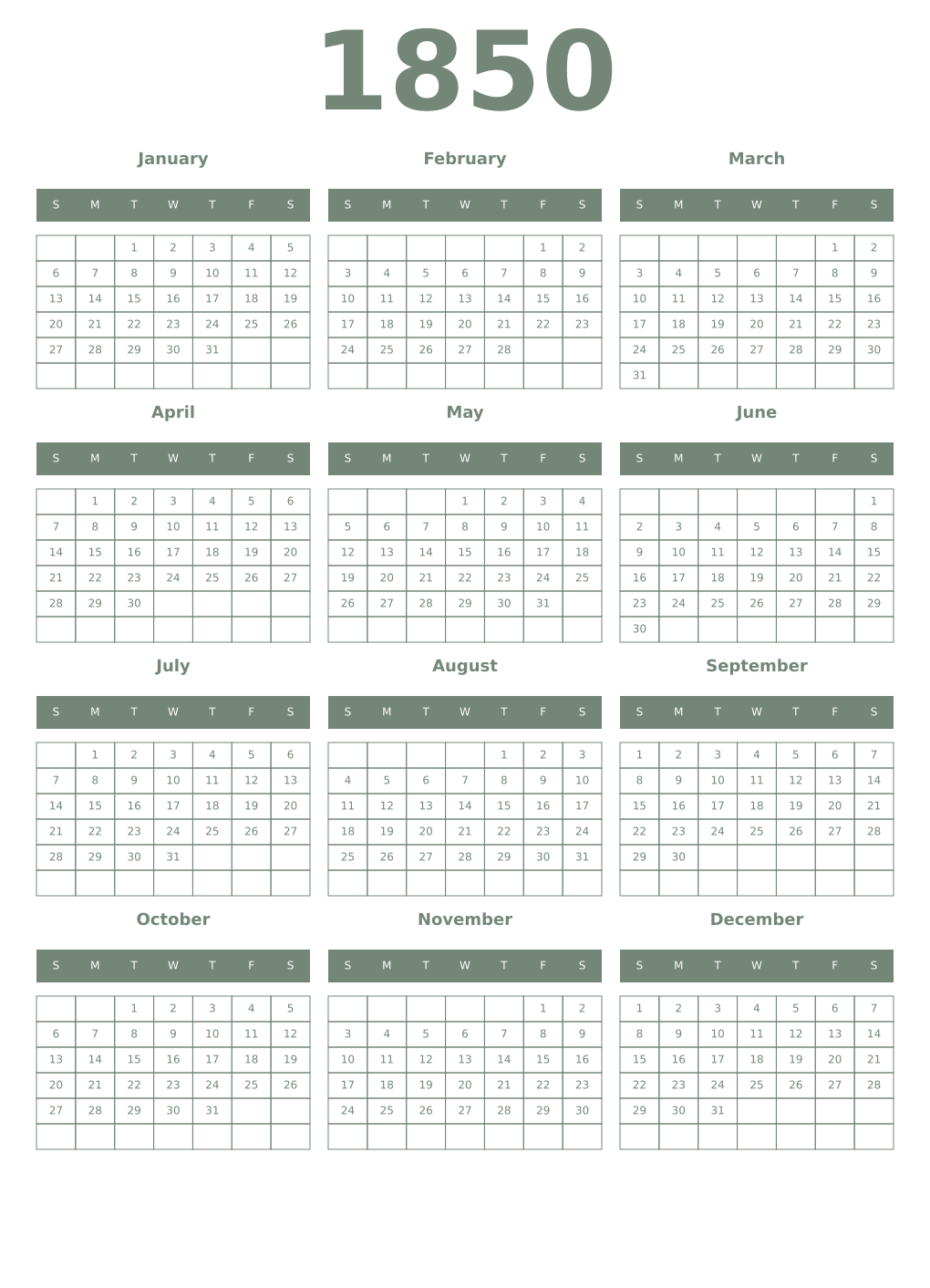 Printable 1850 Year Calendars xanadu