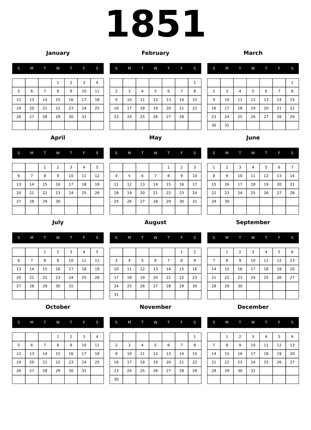 Printable 1851 Calendars