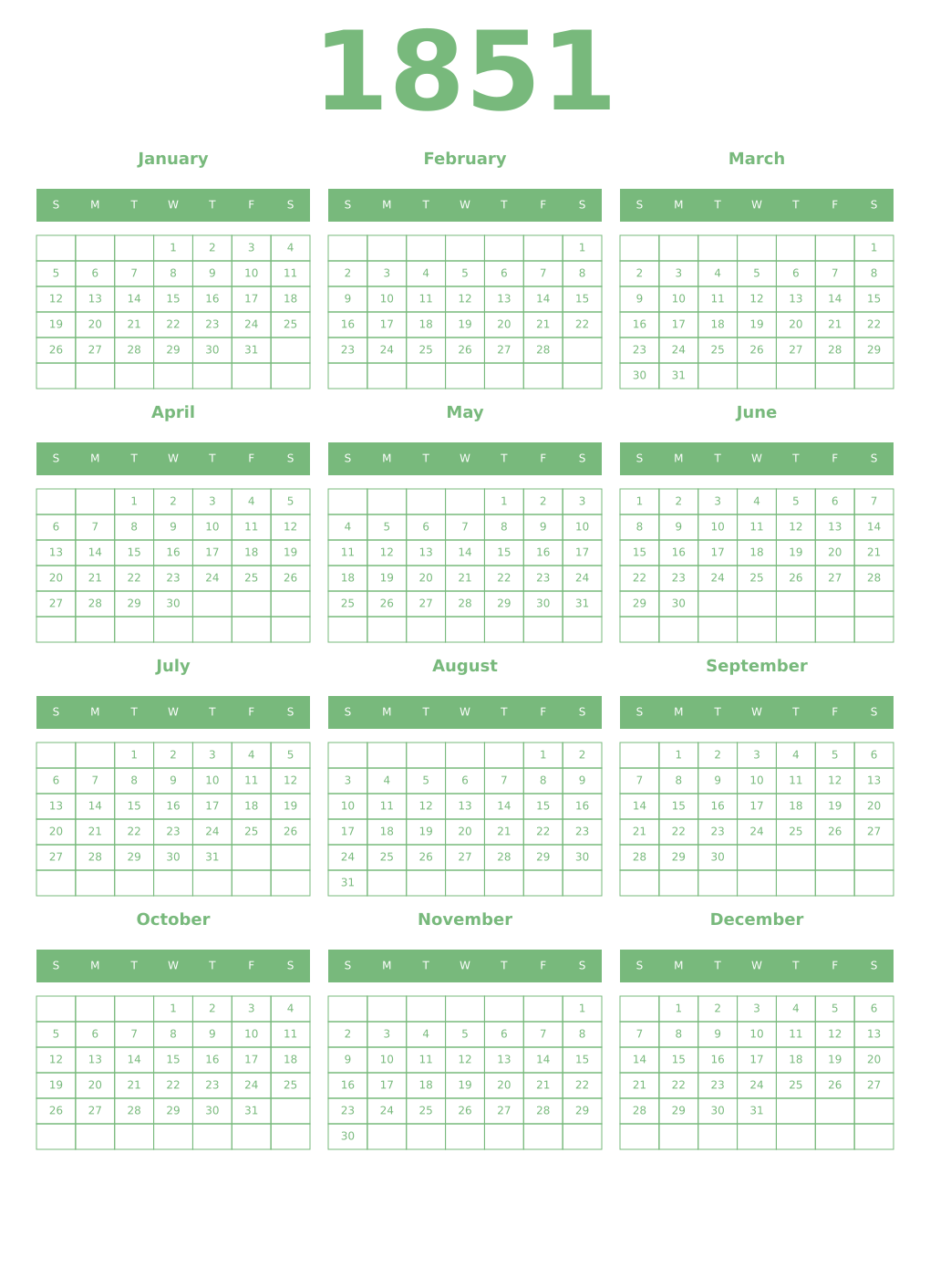 Printable 1851 Year Calendars celadon