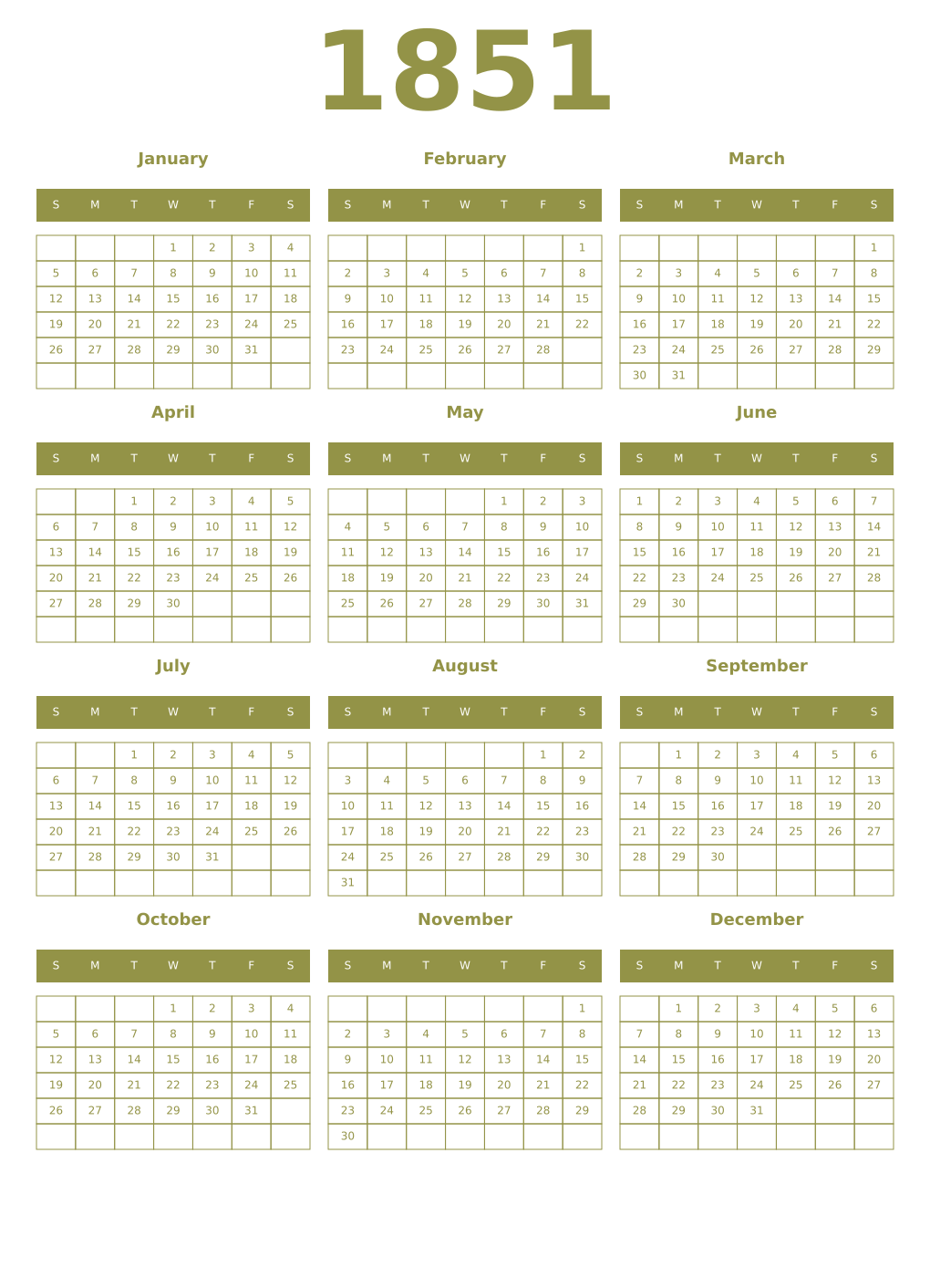 Printable 1851 Year Calendars eburnean