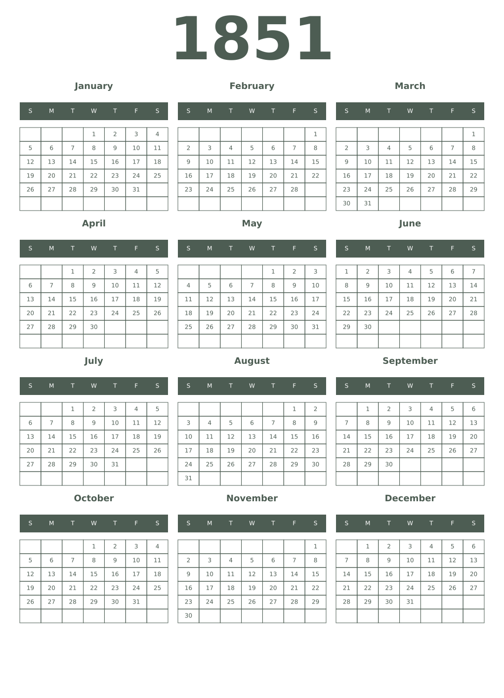 Printable 1851 Year Calendars feldgrau