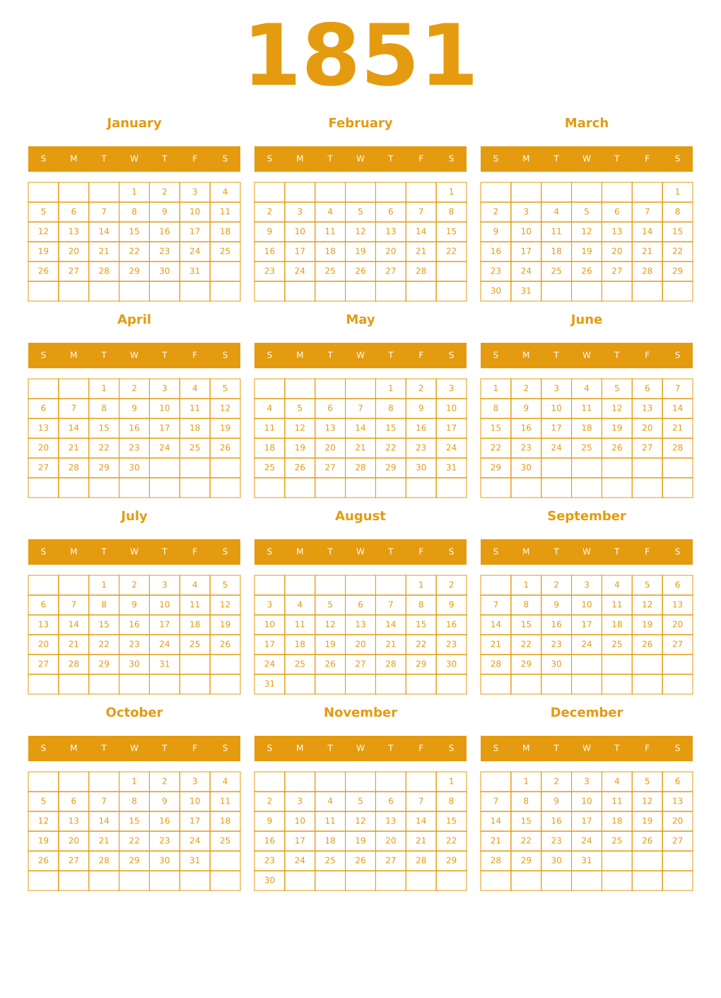 Printable 1851 Year Calendars gamboge