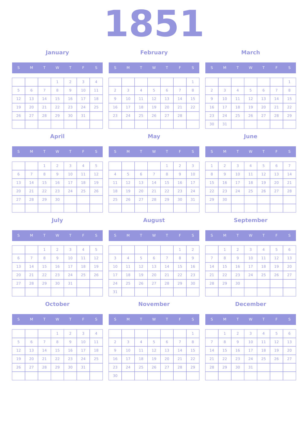 Printable 1851 Year Calendars periwinkle