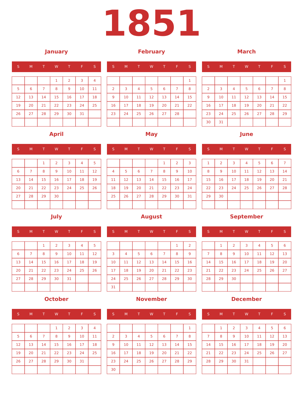 Printable 1851 Year Calendars red