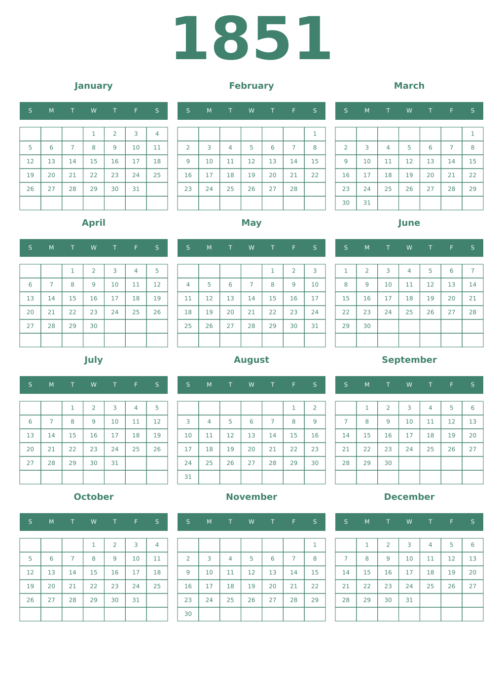 Printable 1851 Year Calendars viridian