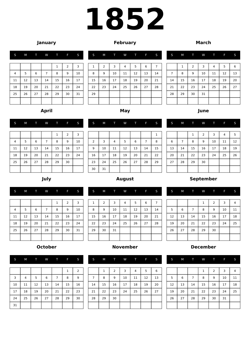 Printable 1852 Calendars