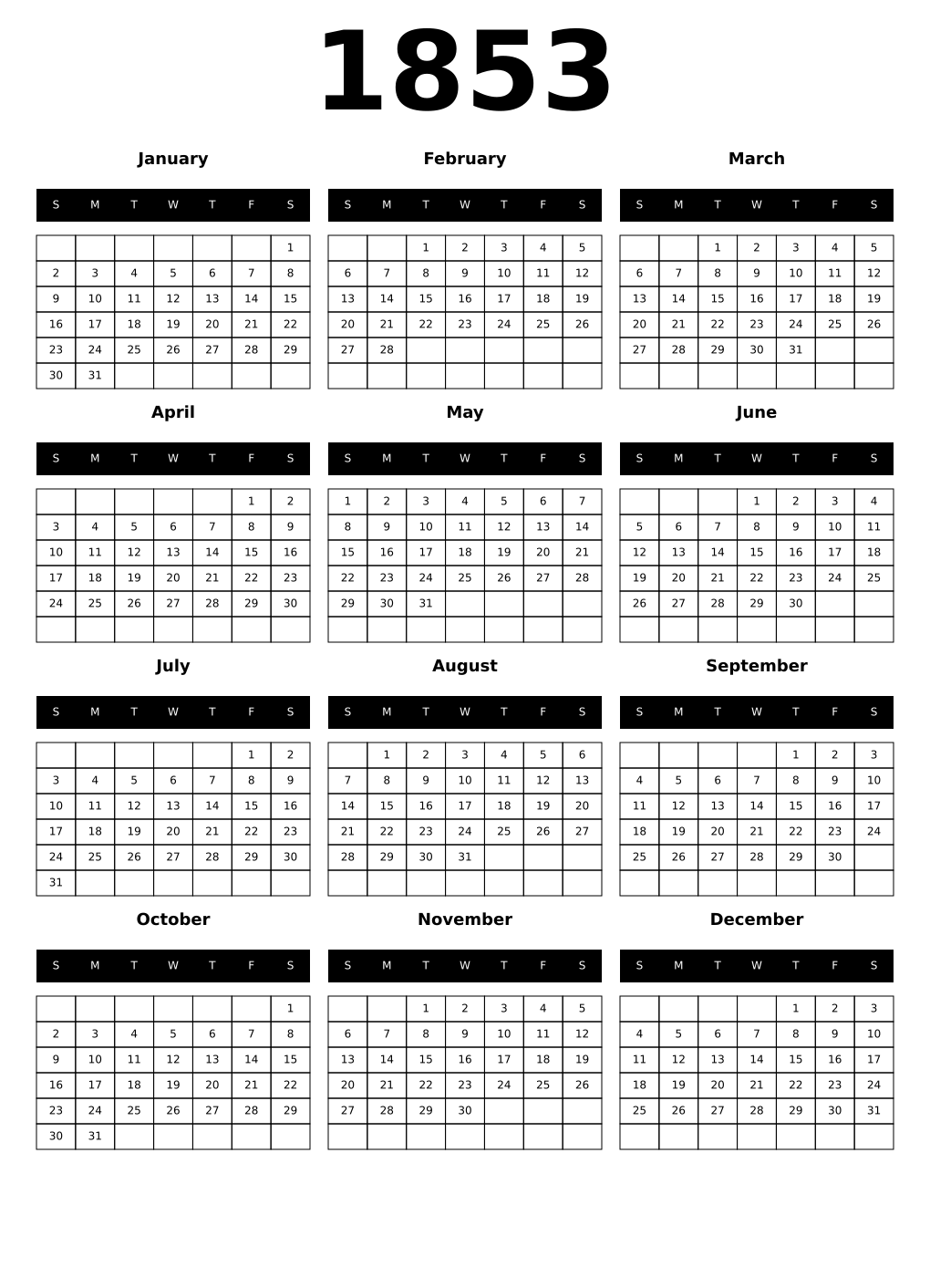 Printable 1853 Year Calendars black