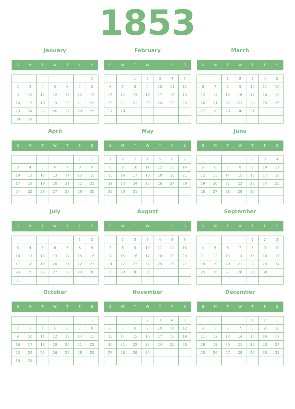 Printable 1853 Year Calendars celadon