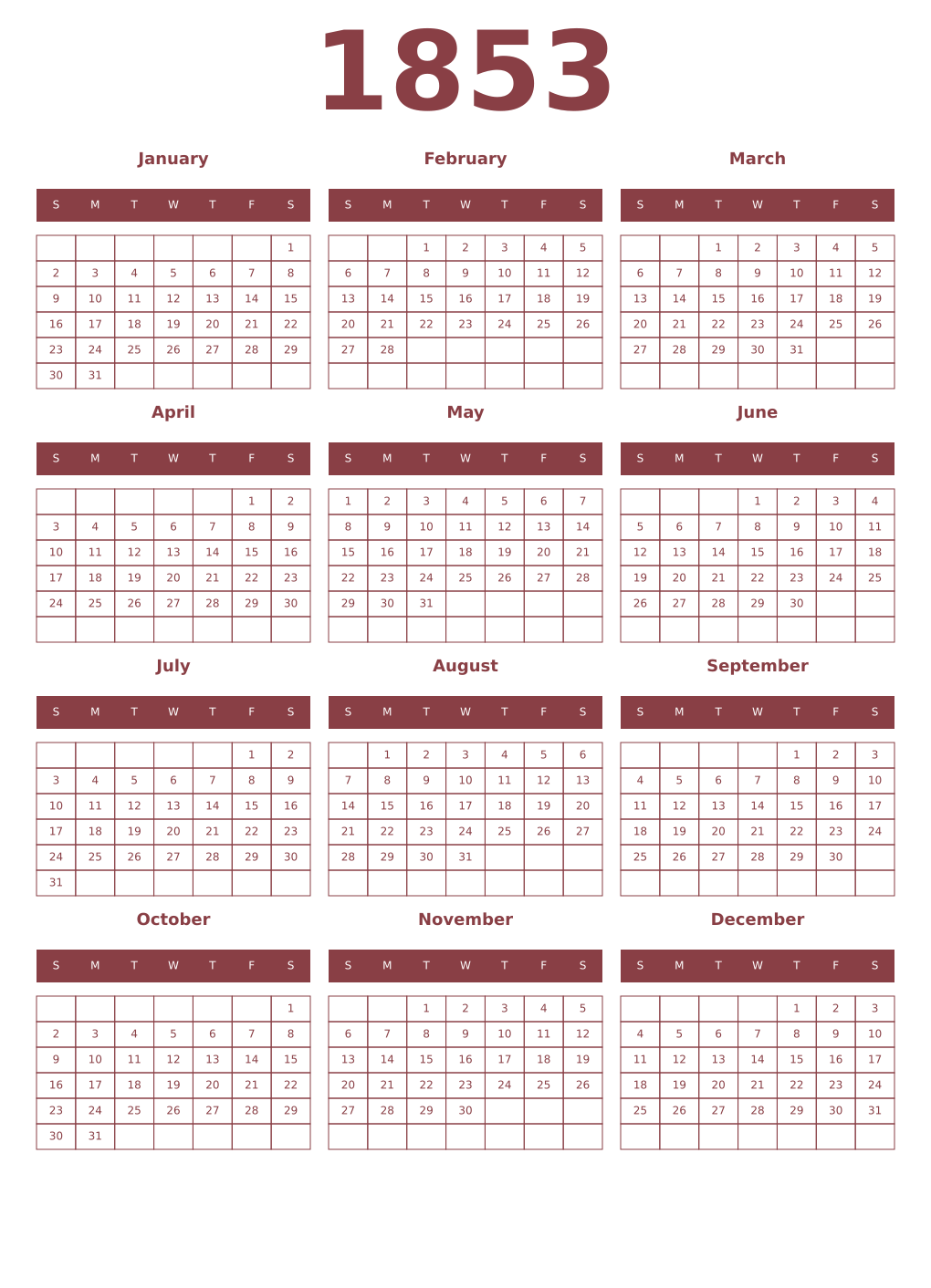 Printable 1853 Year Calendars cordovan