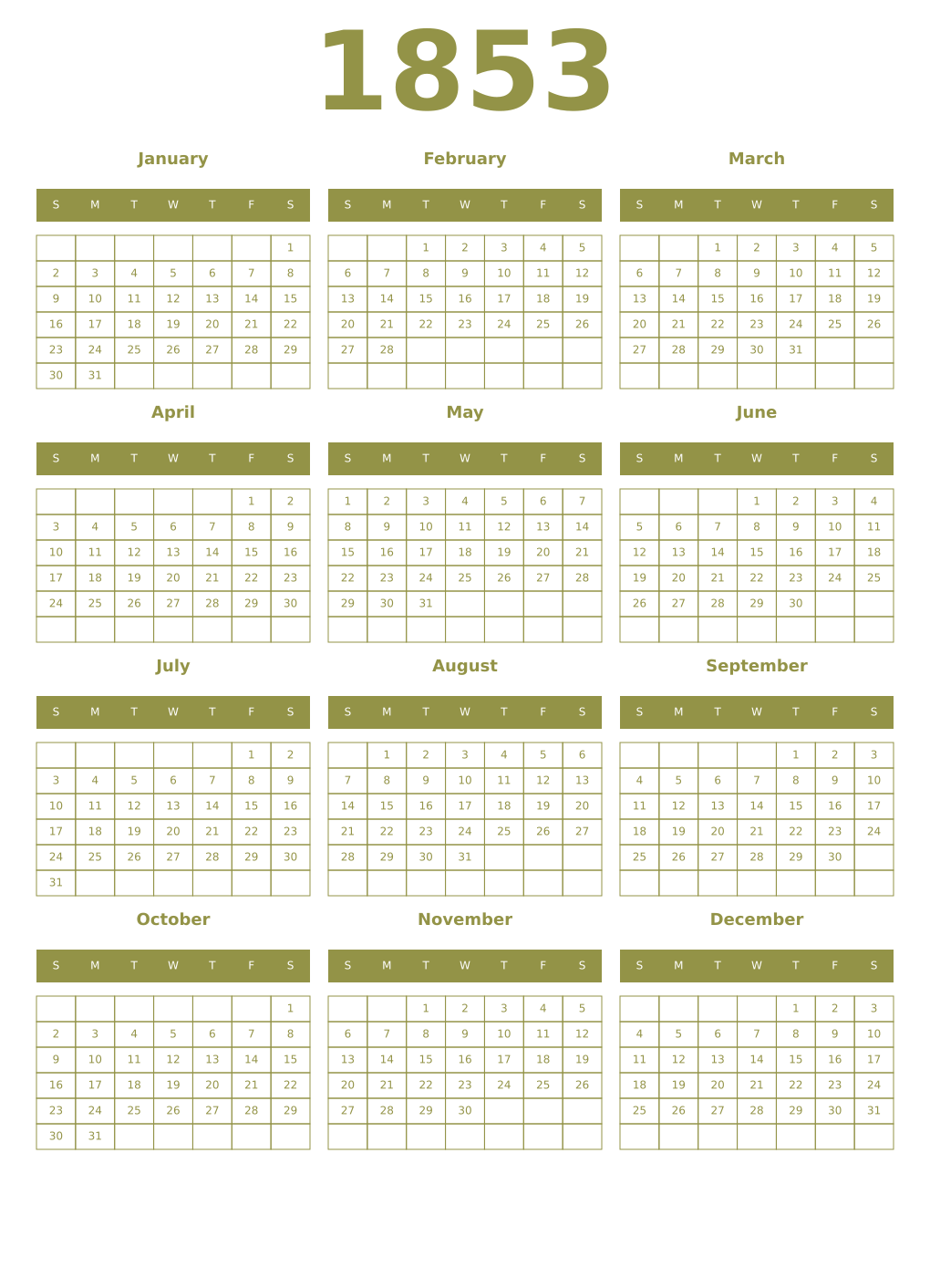 Printable 1853 Year Calendars eburnean
