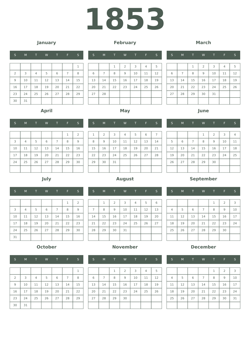 Printable 1853 Year Calendars feldgrau