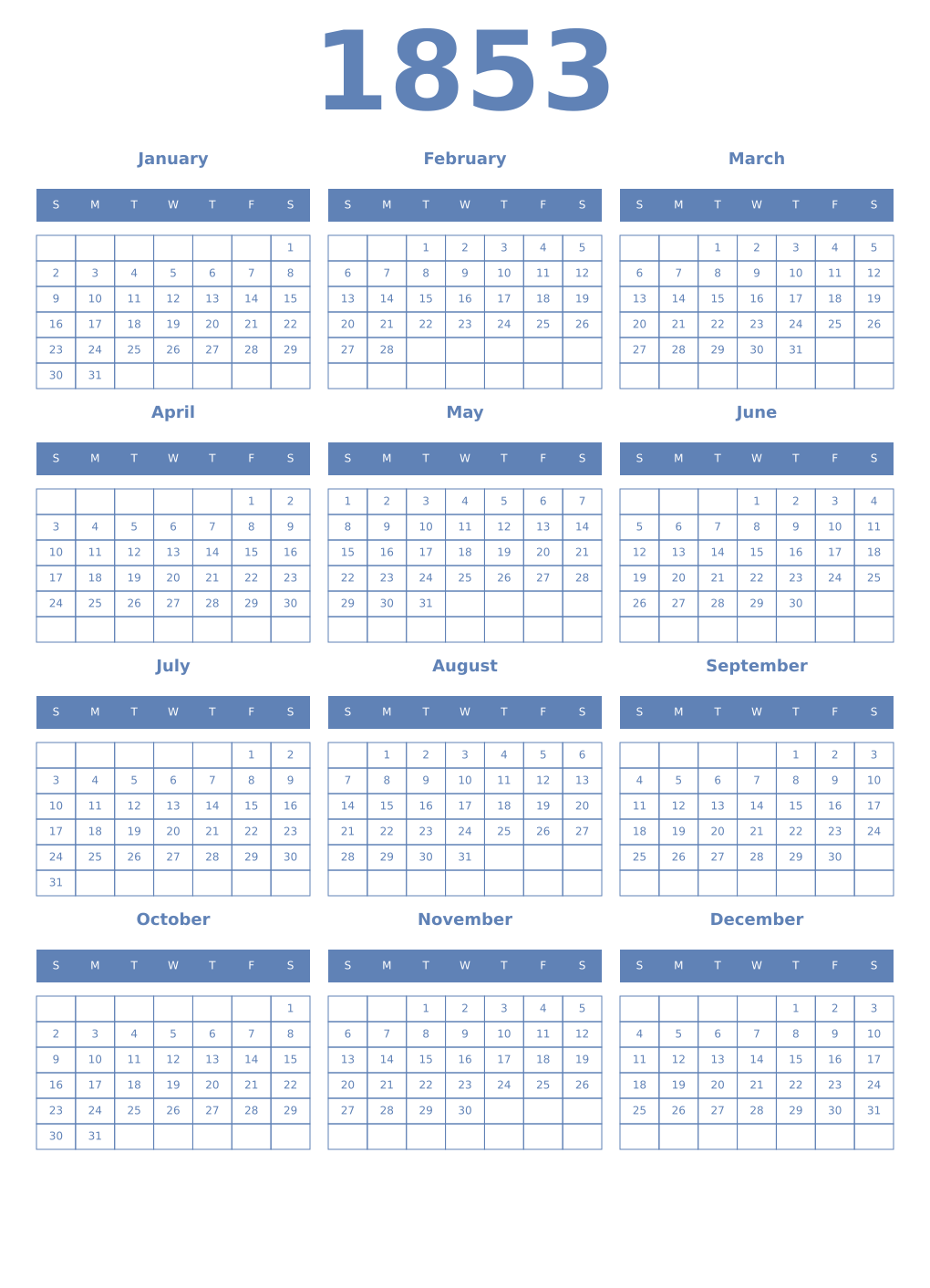 Printable 1853 Year Calendars glaucous