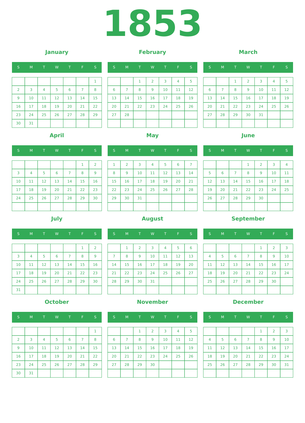 Printable 1853 Year Calendars green