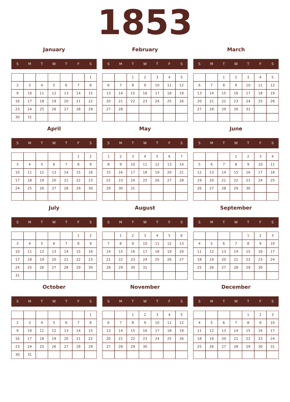 Printable 1853 Year Calendars mortuum