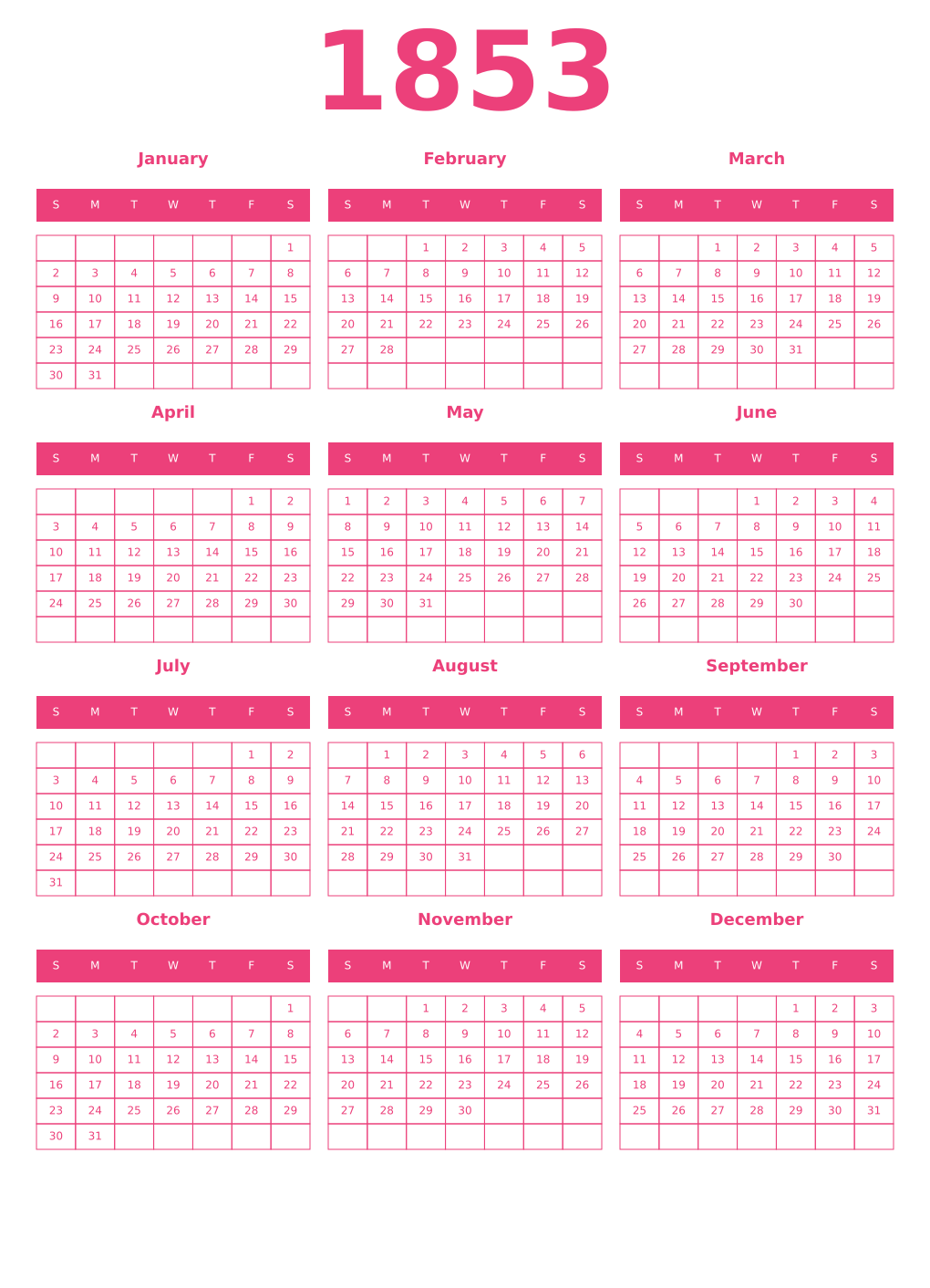 Printable 1853 Year Calendars pink