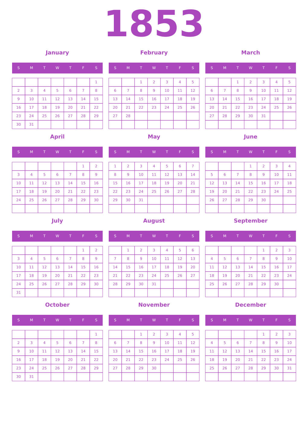 Printable 1853 Year Calendars purple