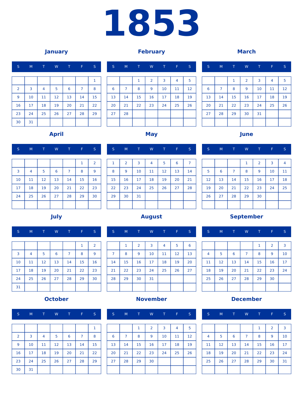 Printable 1853 Year Calendars smalt
