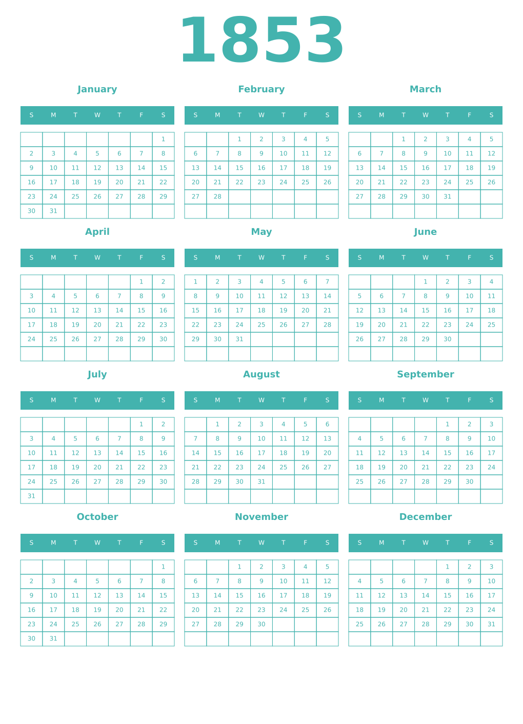 Printable 1853 Year Calendars verdigris