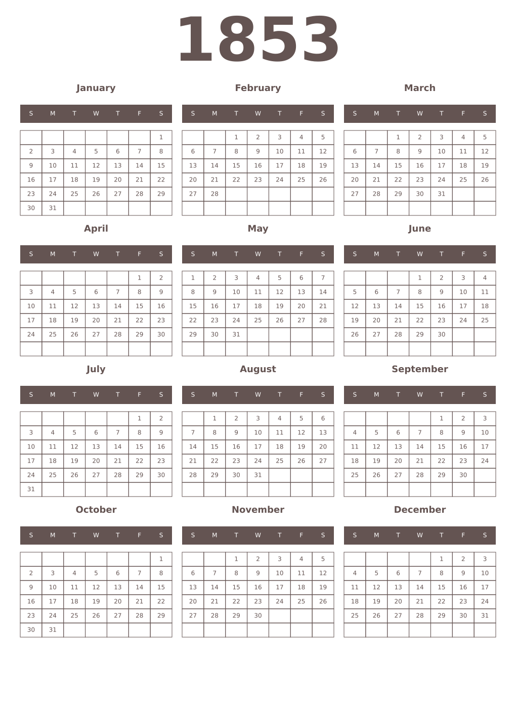 Printable 1853 Year Calendars wenge