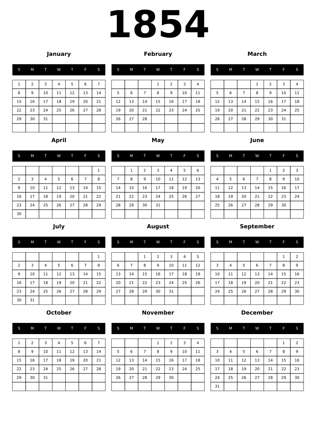 Printable 1854 Calendars