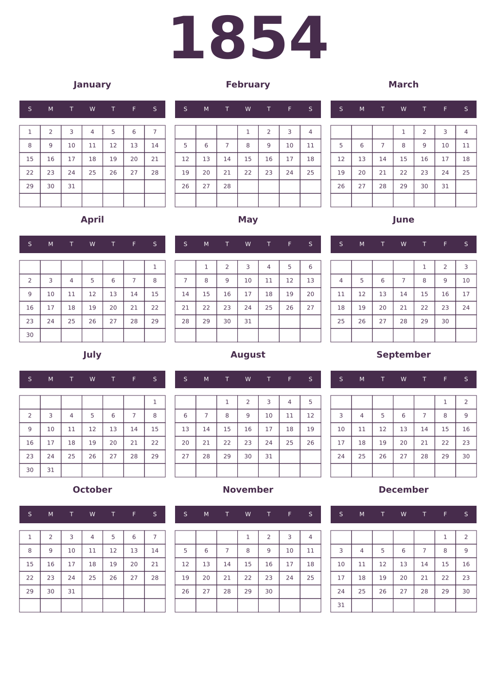 Printable 1854 Year Calendars aubergine