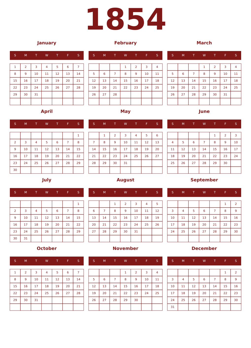 Printable 1854 Year Calendars falu