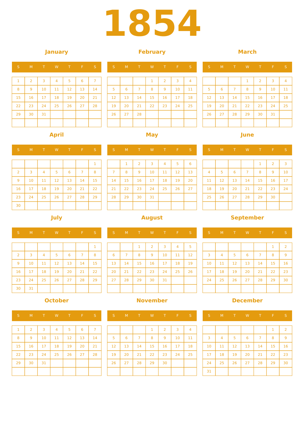Printable 1854 Year Calendars gamboge