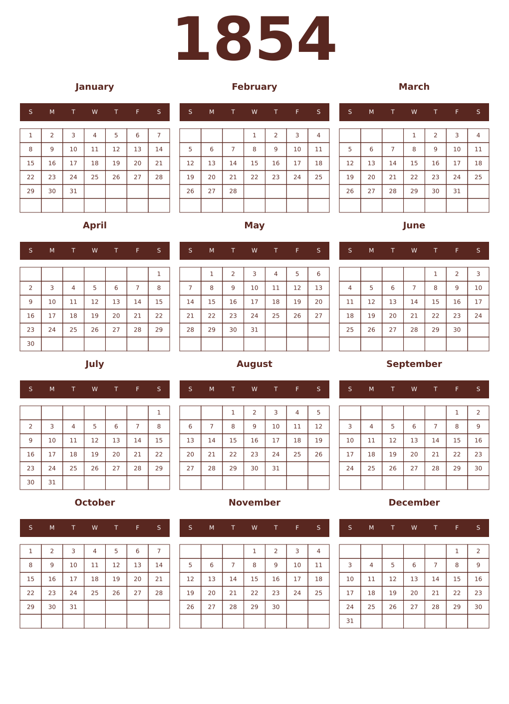 Printable 1854 Year Calendars mortuum