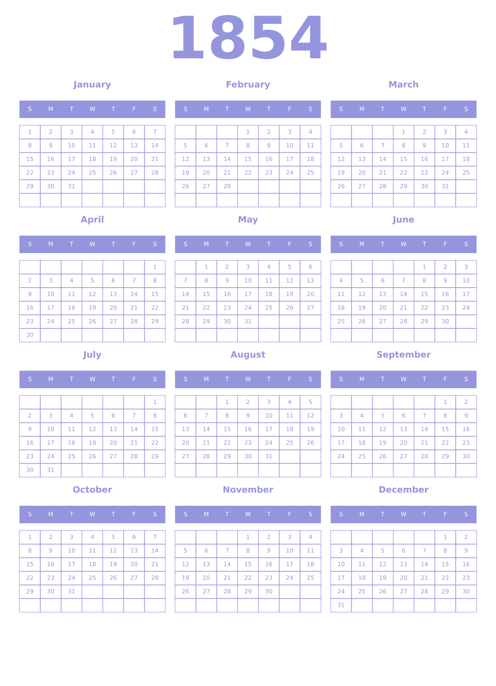 Printable 1854 Year Calendars periwinkle