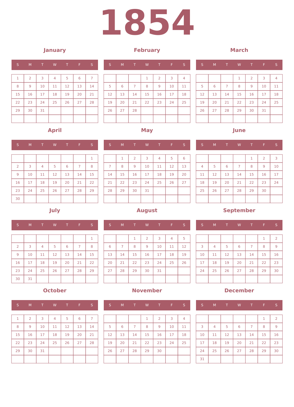 Printable 1854 Year Calendars puce