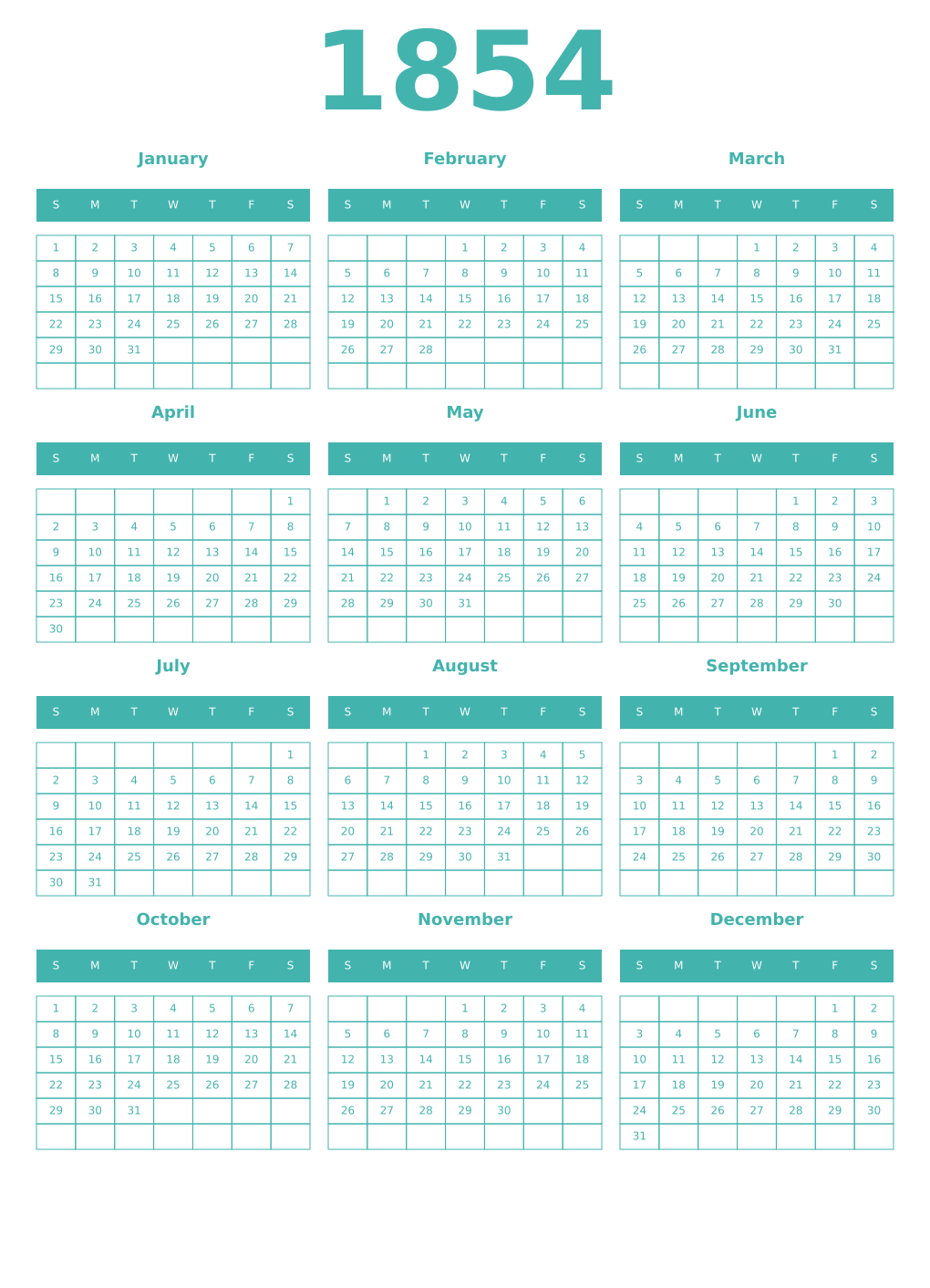 Printable 1854 Year Calendars verdigris