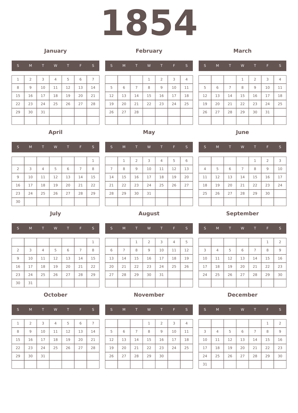 Printable 1854 Year Calendars wenge
