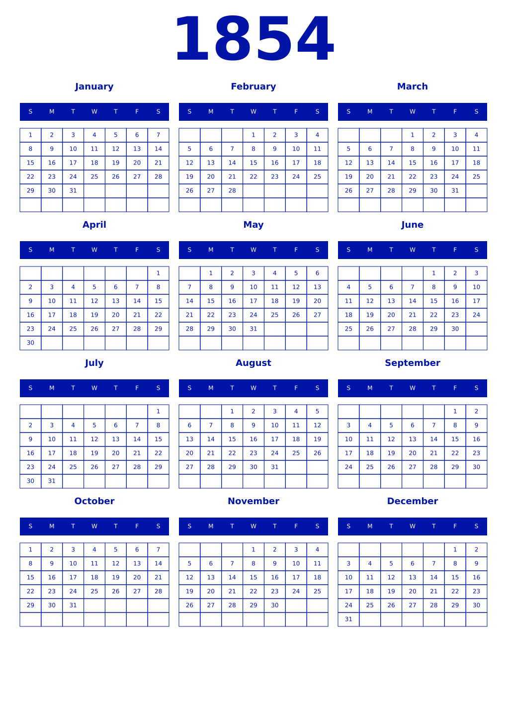 Printable 1854 Year Calendars zaffre