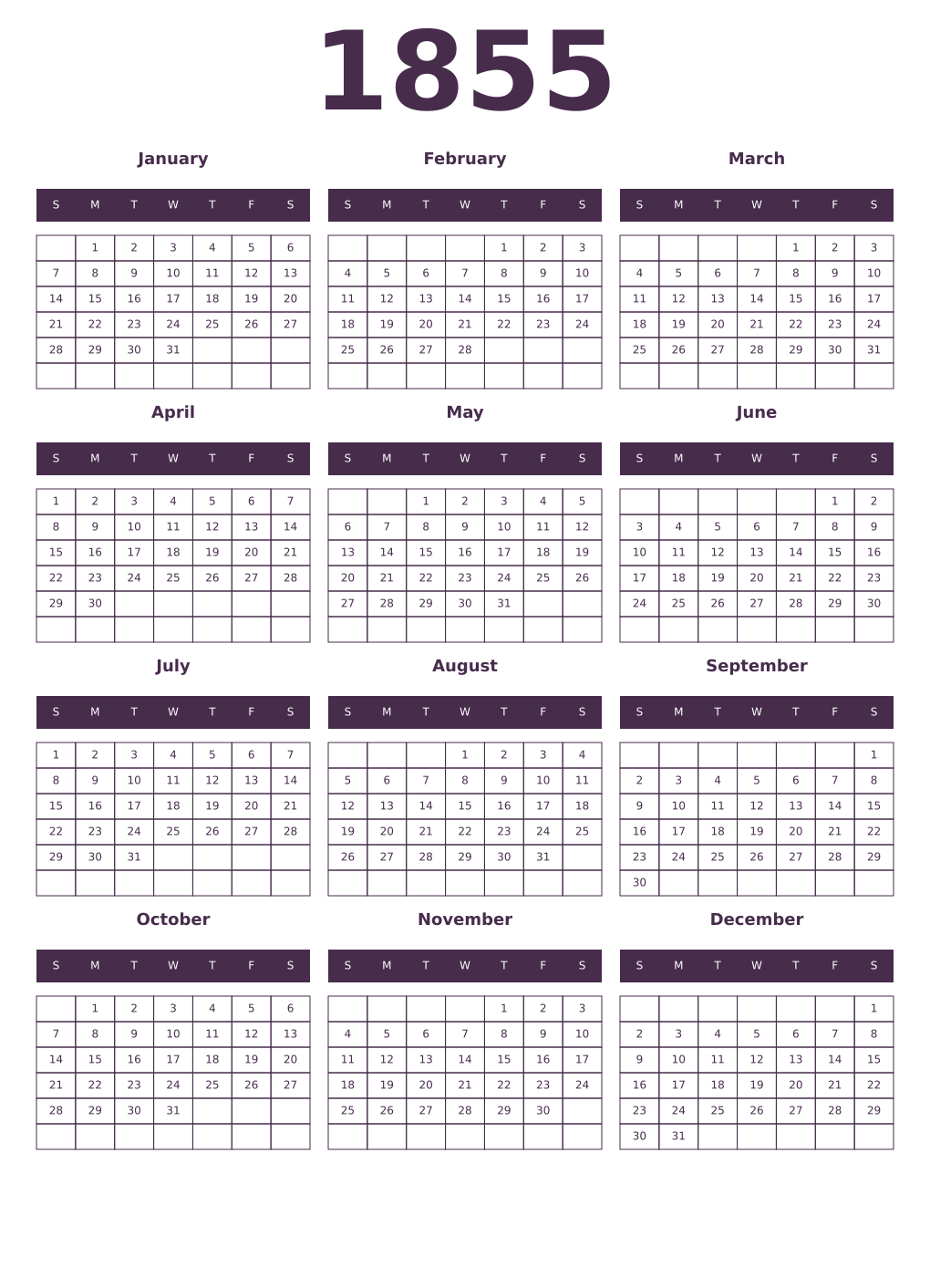 Printable 1855 Year Calendars aubergine