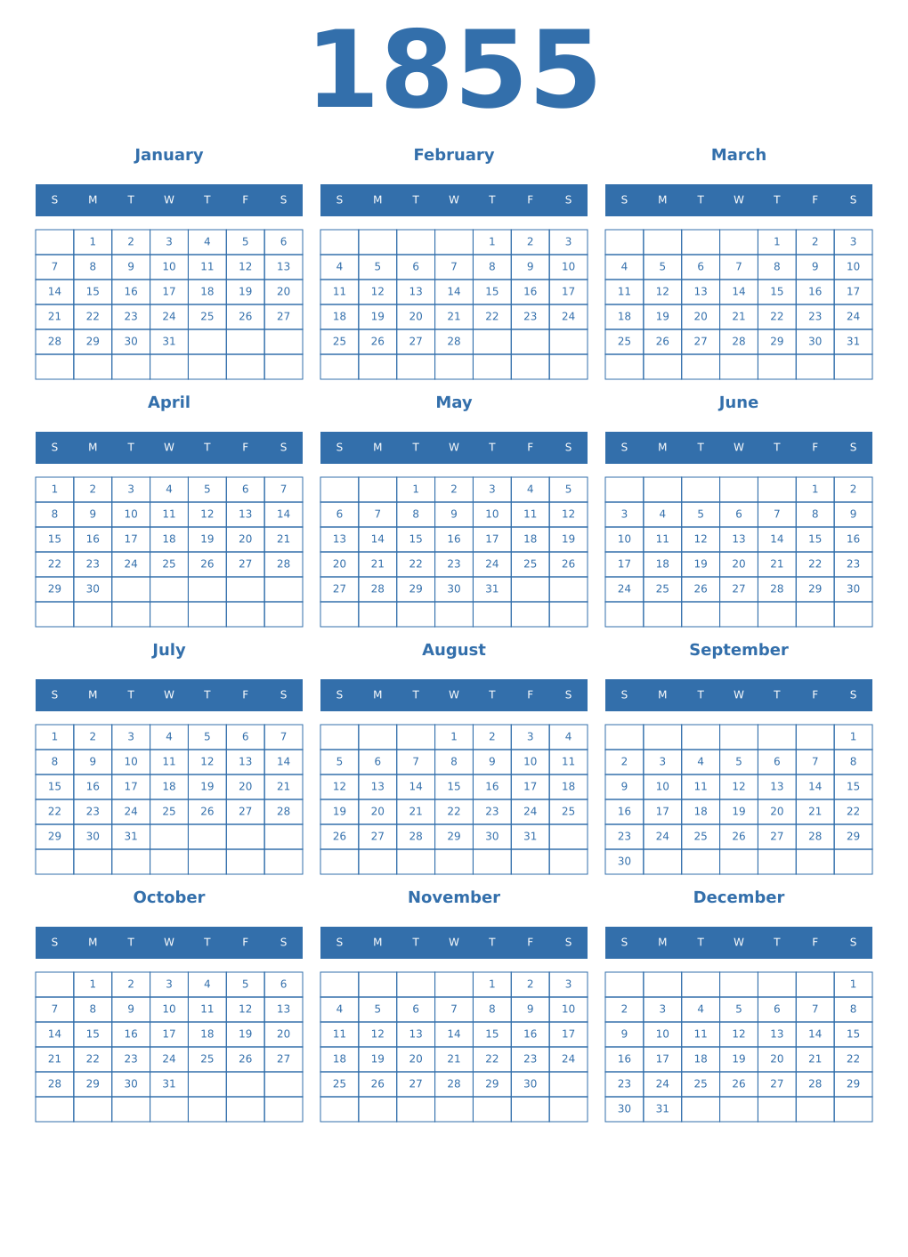 Printable 1855 Year Calendars blue