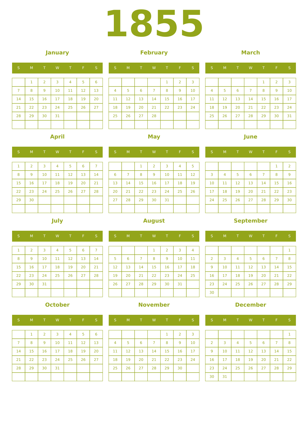 Printable 1855 Year Calendars chartreuse