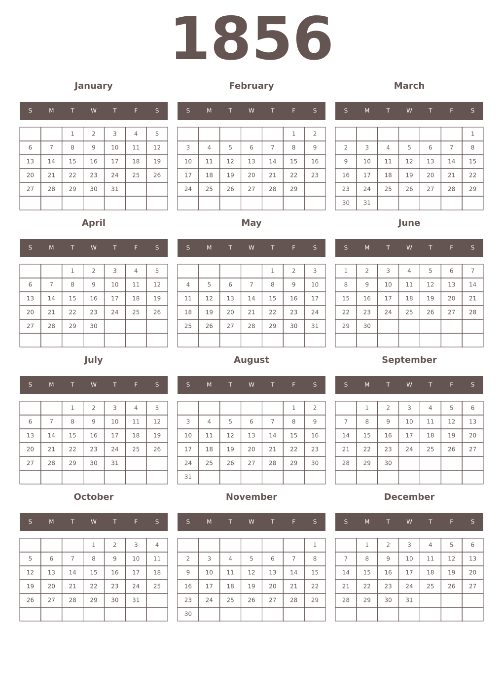 Printable 1856 Year Calendars wenge