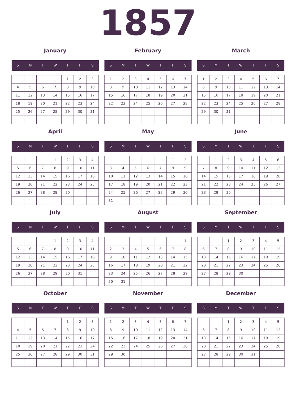 Printable 1857 Year Calendars aubergine