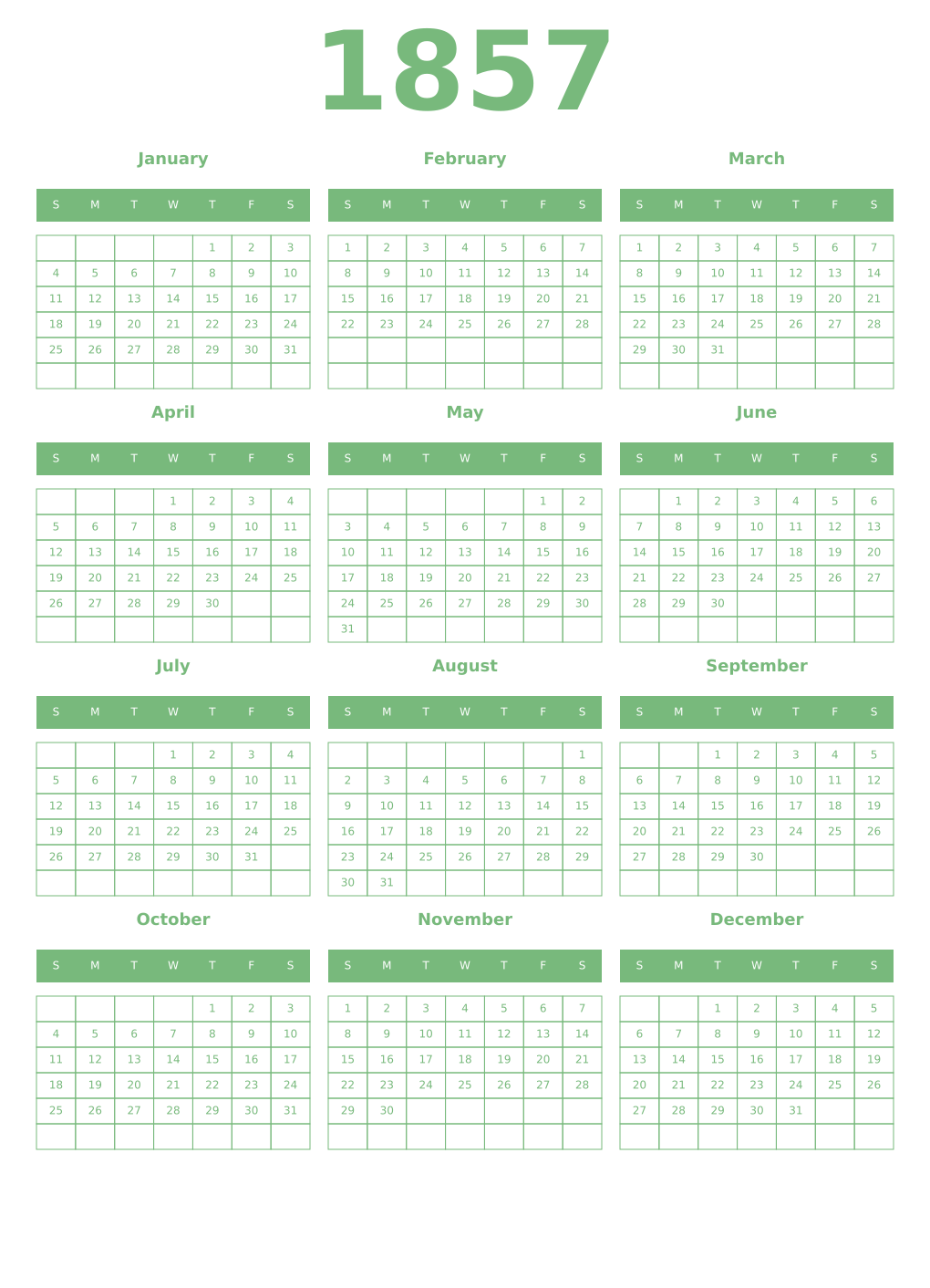 Printable 1857 Year Calendars celadon