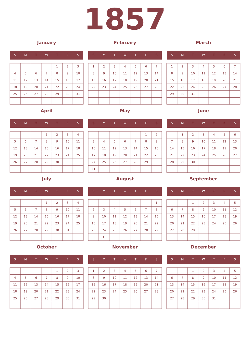 Printable 1857 Year Calendars cordovan