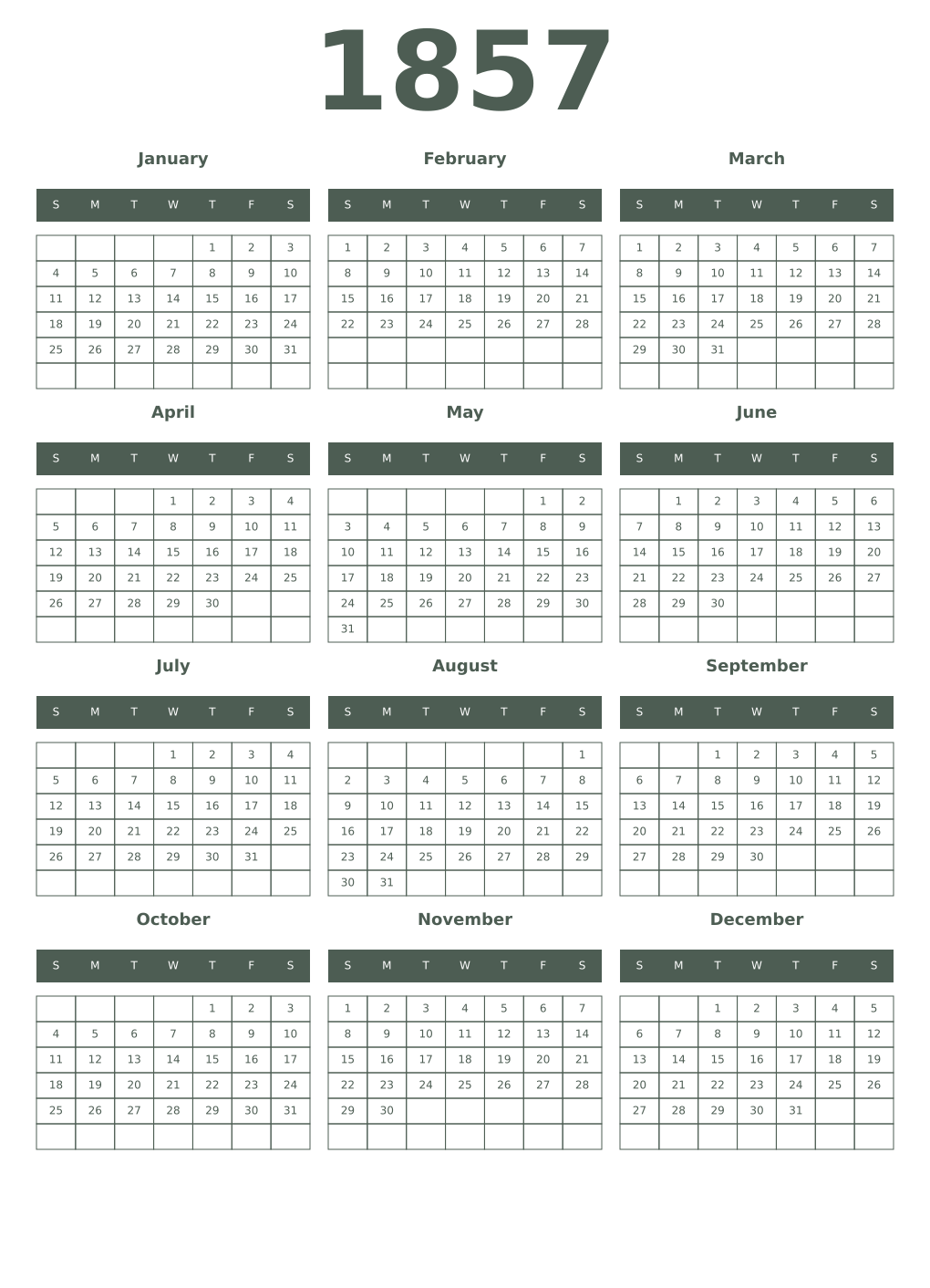 Printable 1857 Year Calendars feldgrau