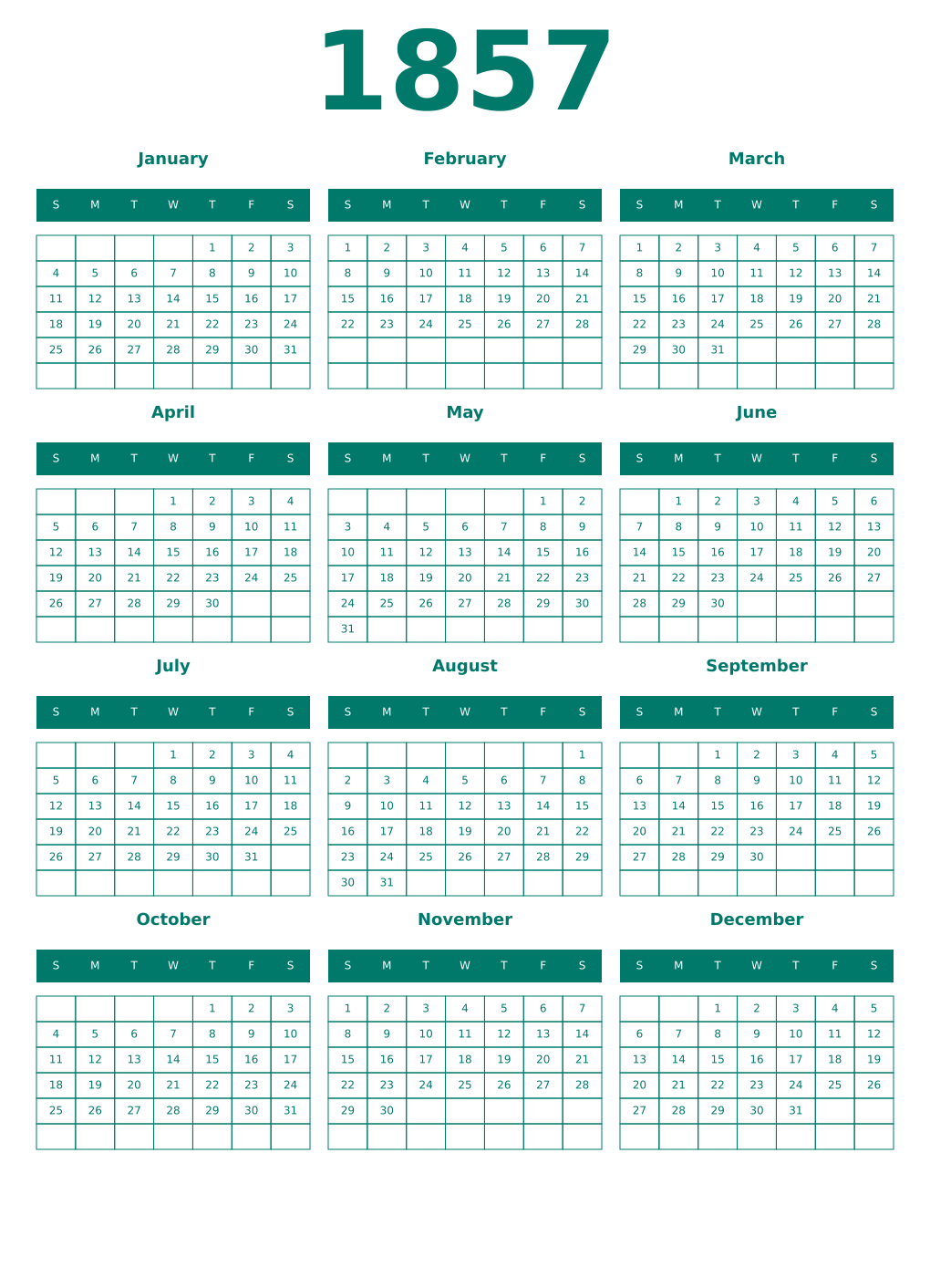 Printable 1857 Year Calendars pastel