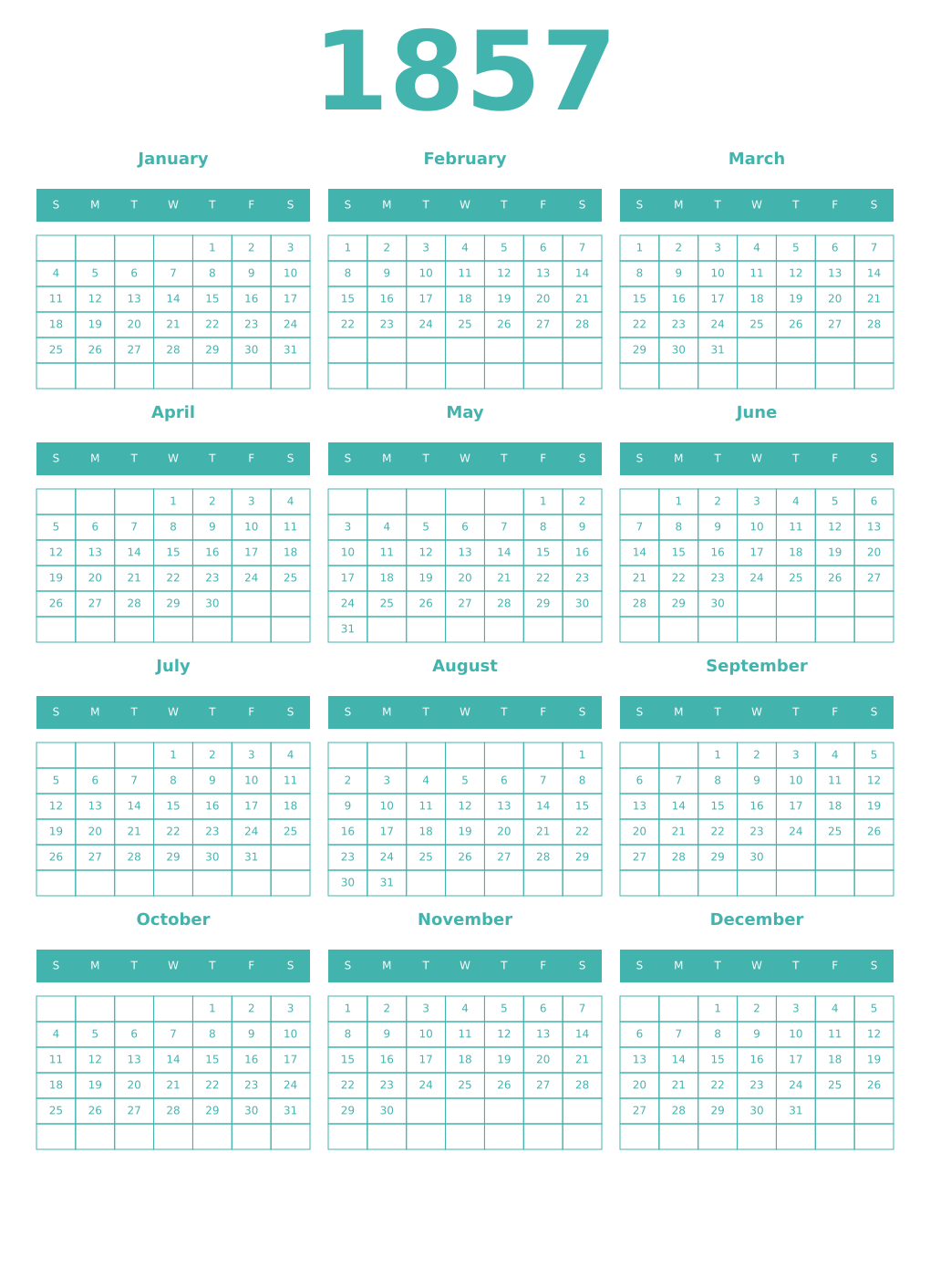 Printable 1857 Year Calendars verdigris