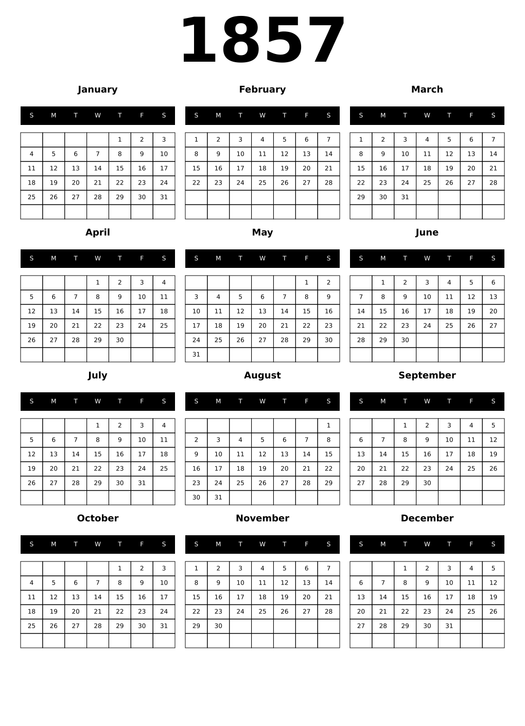 Printable 1857 Calendars