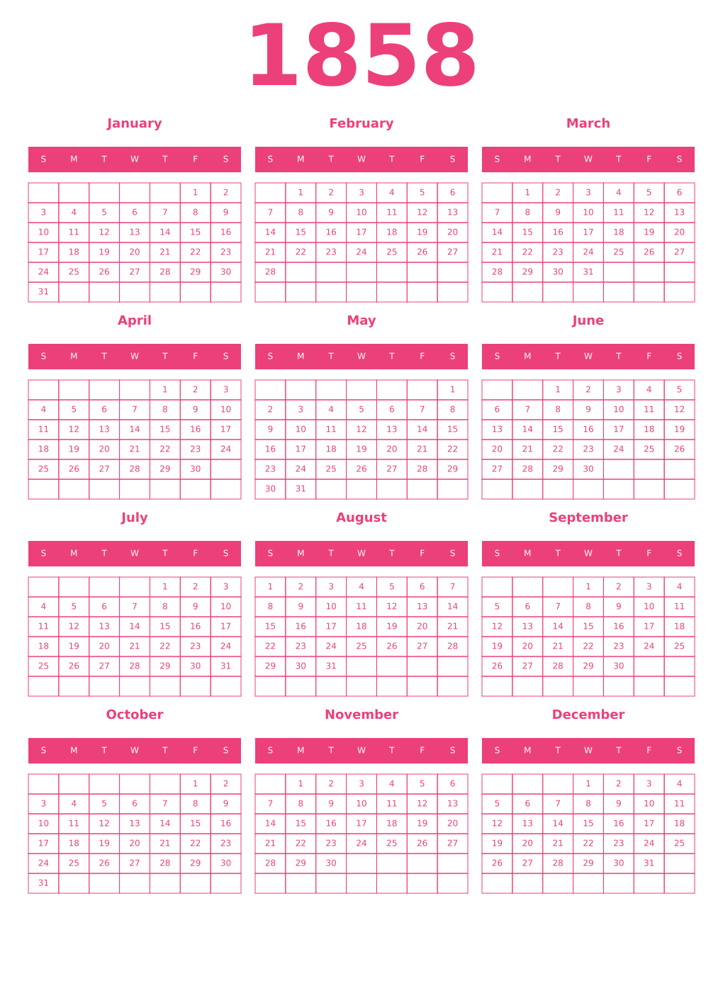 Printable 1858 Year Calendars pink