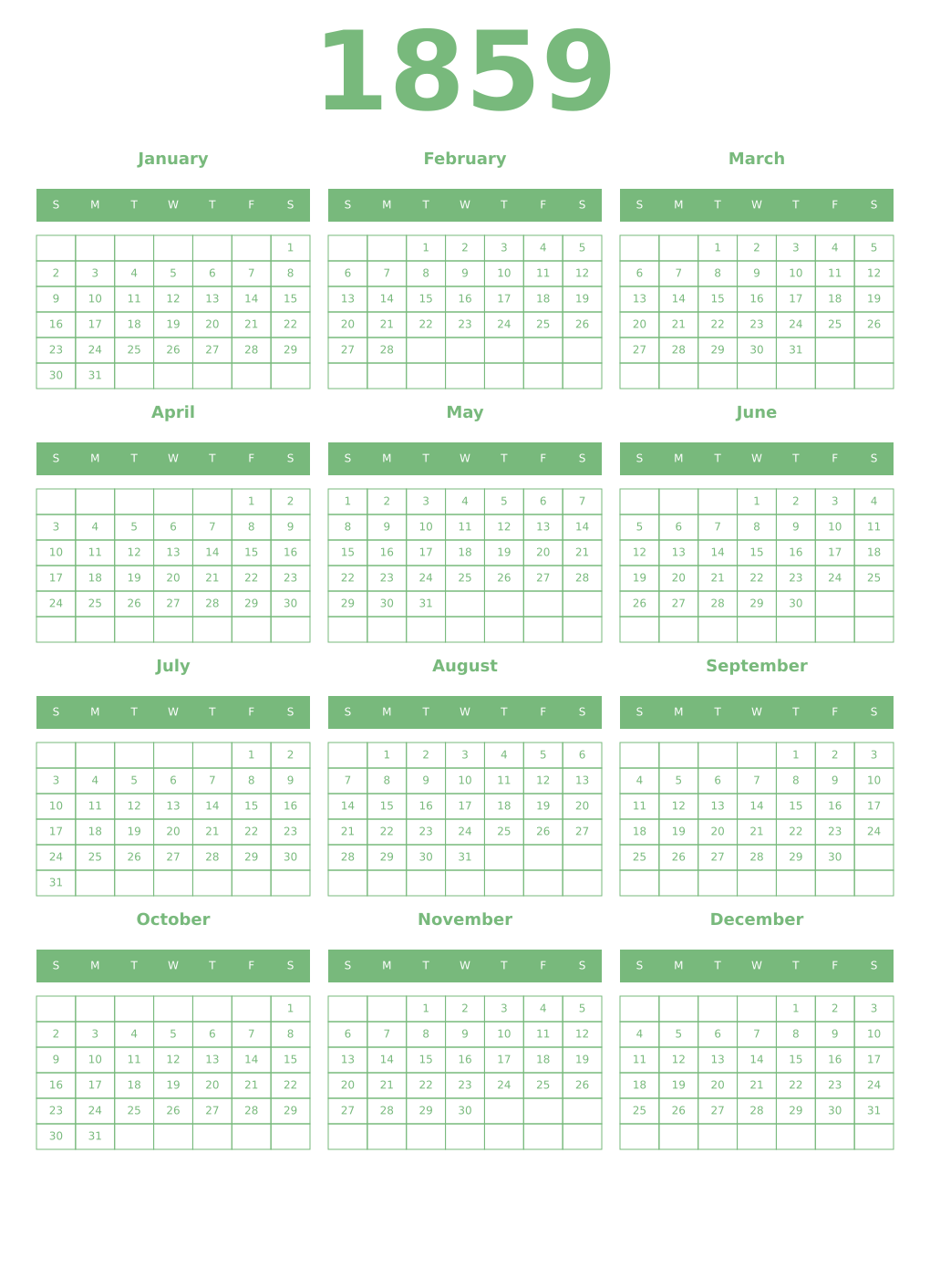 Printable 1859 Year Calendars celadon