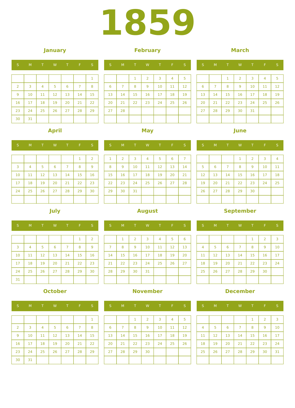 Printable 1859 Year Calendars chartreuse