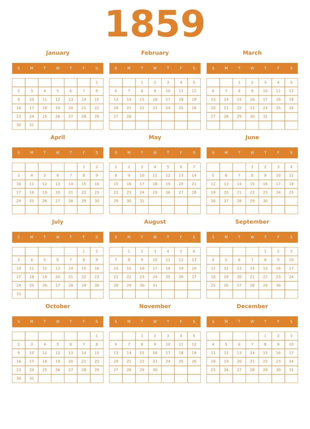 Printable 1859 Year Calendars orange