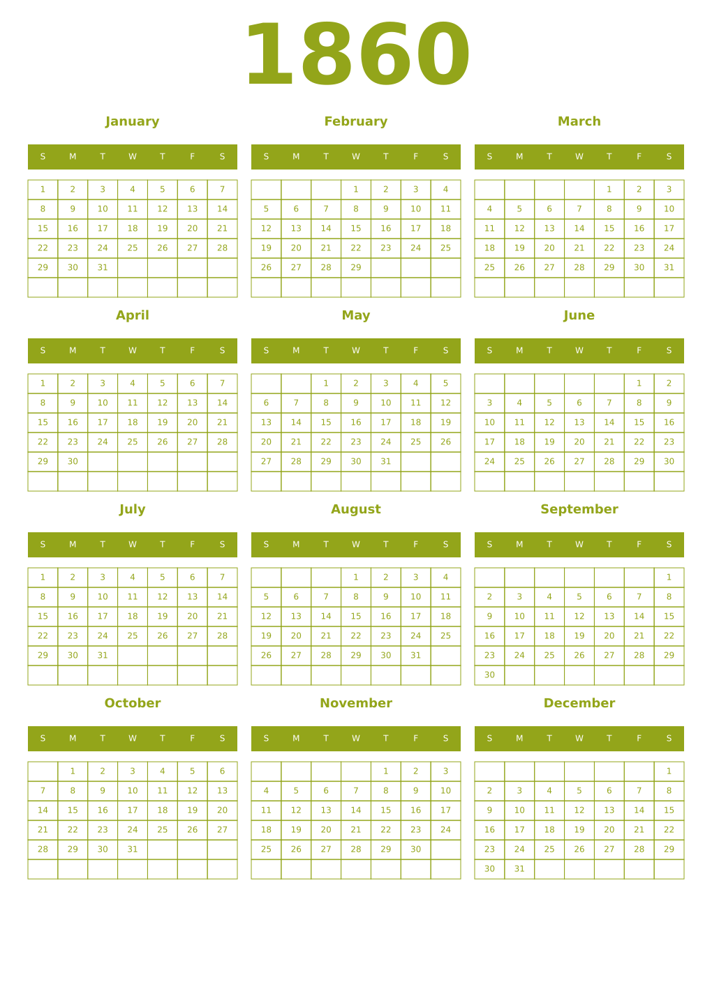 Printable 1860 Year Calendars chartreuse