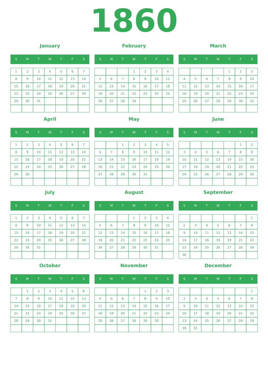 Printable 1860 Year Calendars green